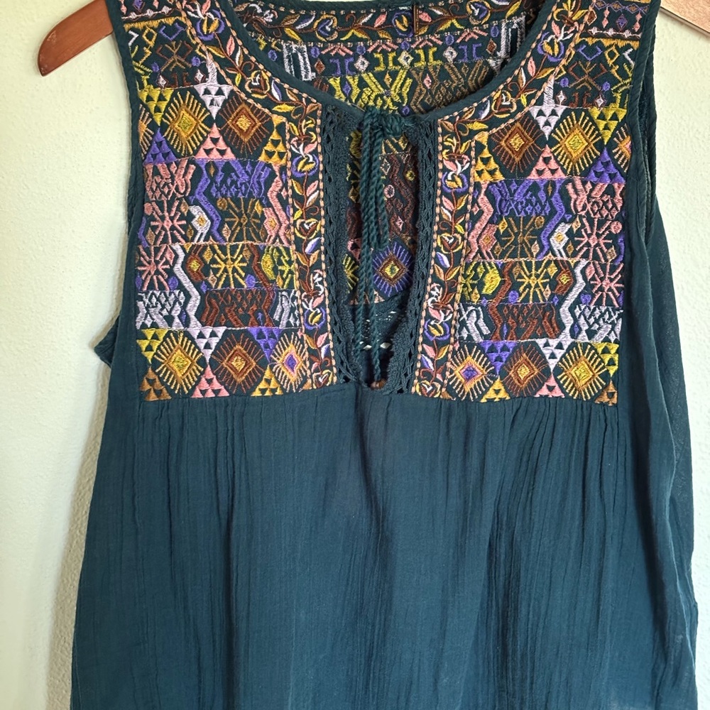 Free People Embroidered Tank Top - Teal and Multicolor